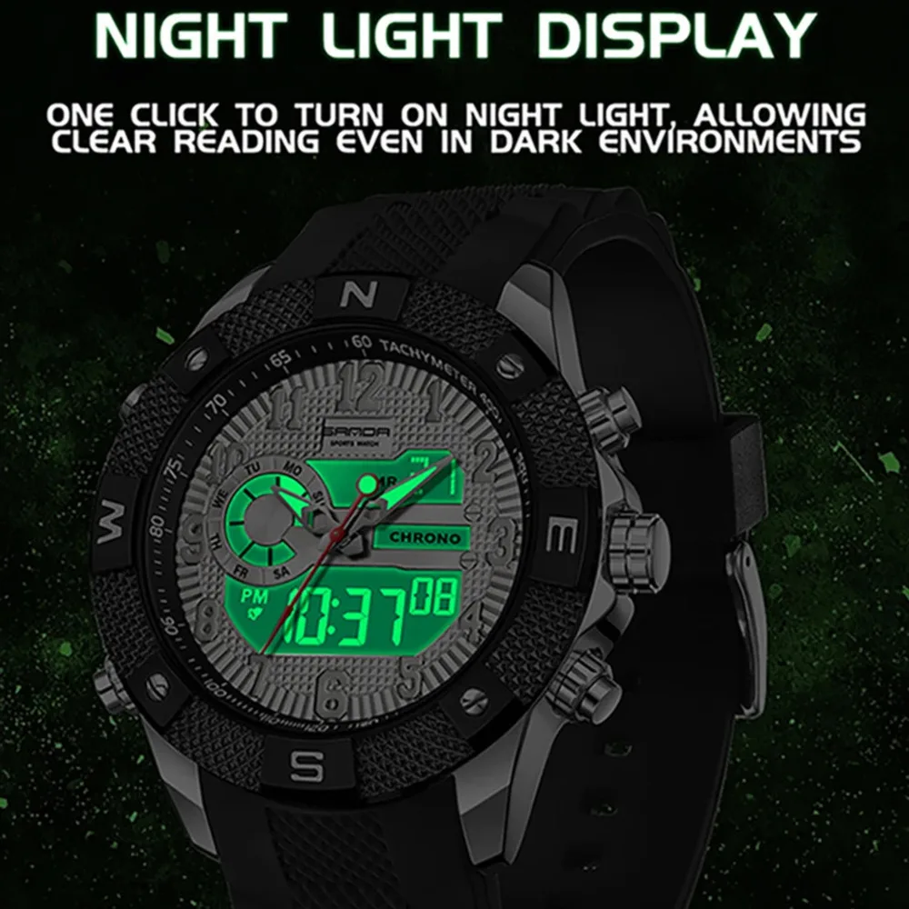 SANDA-Reloj de pulsera Digital luminoso para hombre, cronógrafo de cuarzo, LED, deportivo, resistente al agua