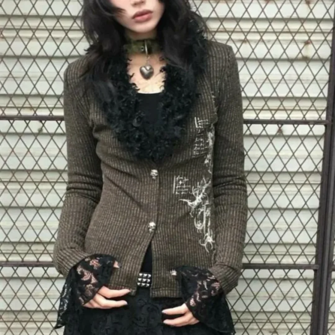 Autumn American subculture spicy girl street fur collar cardigan thin cut wasteland knitted jacket Y long sleeved top