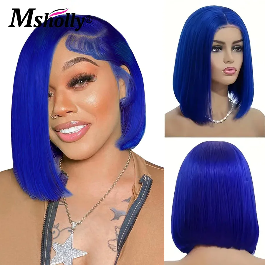 

Royal Blue Colored Short Bob Human Hair Wigs Brazilian Remy On Sale For Women Blue Pixie Cut Pre Plucked Naturai Hairline Wigs