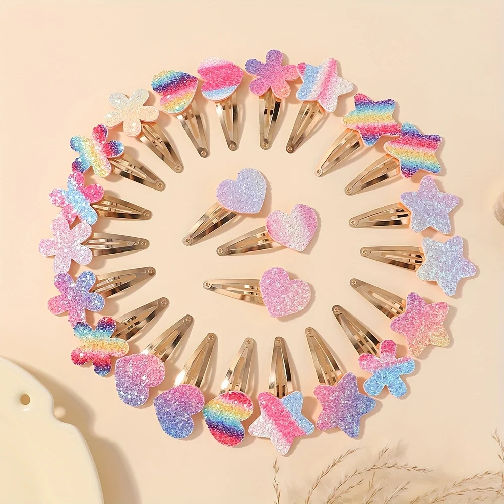 Cute Glitter Hair Clips for Girls, Rainbow, Heart, Star, BB, Handmade Hairpins, Barrettes, Headwear, Hair Accessories, 24Pcs Set