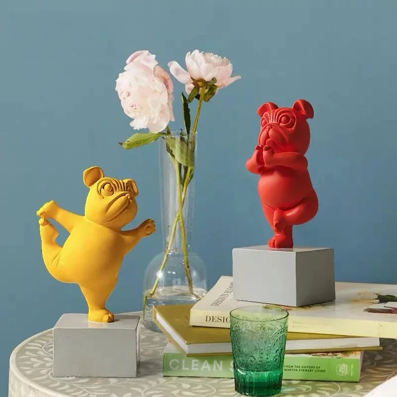 Living Room Ornaments Home Decor Yoga Bulldog Dog Resin Figurine Statuette Sculpture Animal Statue Desktop Decoration Craft