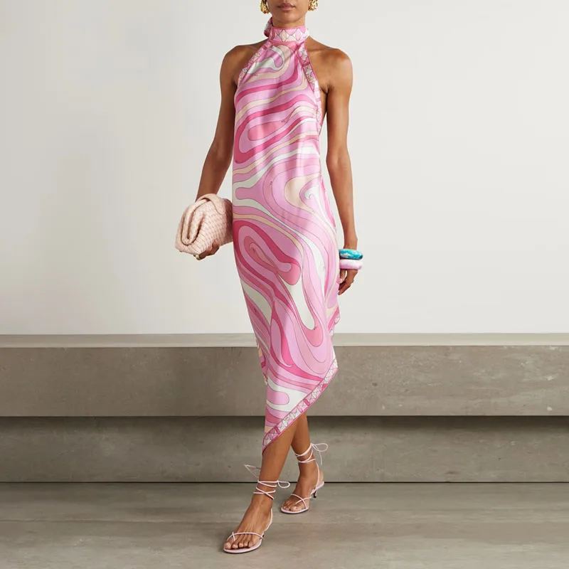 Vestidos Sexy Lace-up Halter Backless Satin Dress Woman Spring Print Slim Irregular Dress Summer Sleeveless Vacation Beach Dress