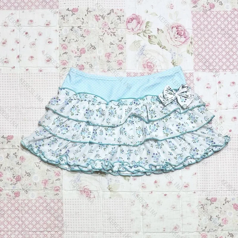 

Summer Sweetheart Spicy Girl Style Bow Small Floral Print Mini Half Skirt Y2k Millennium Subculture Youth Trendy Mini Half Skirt