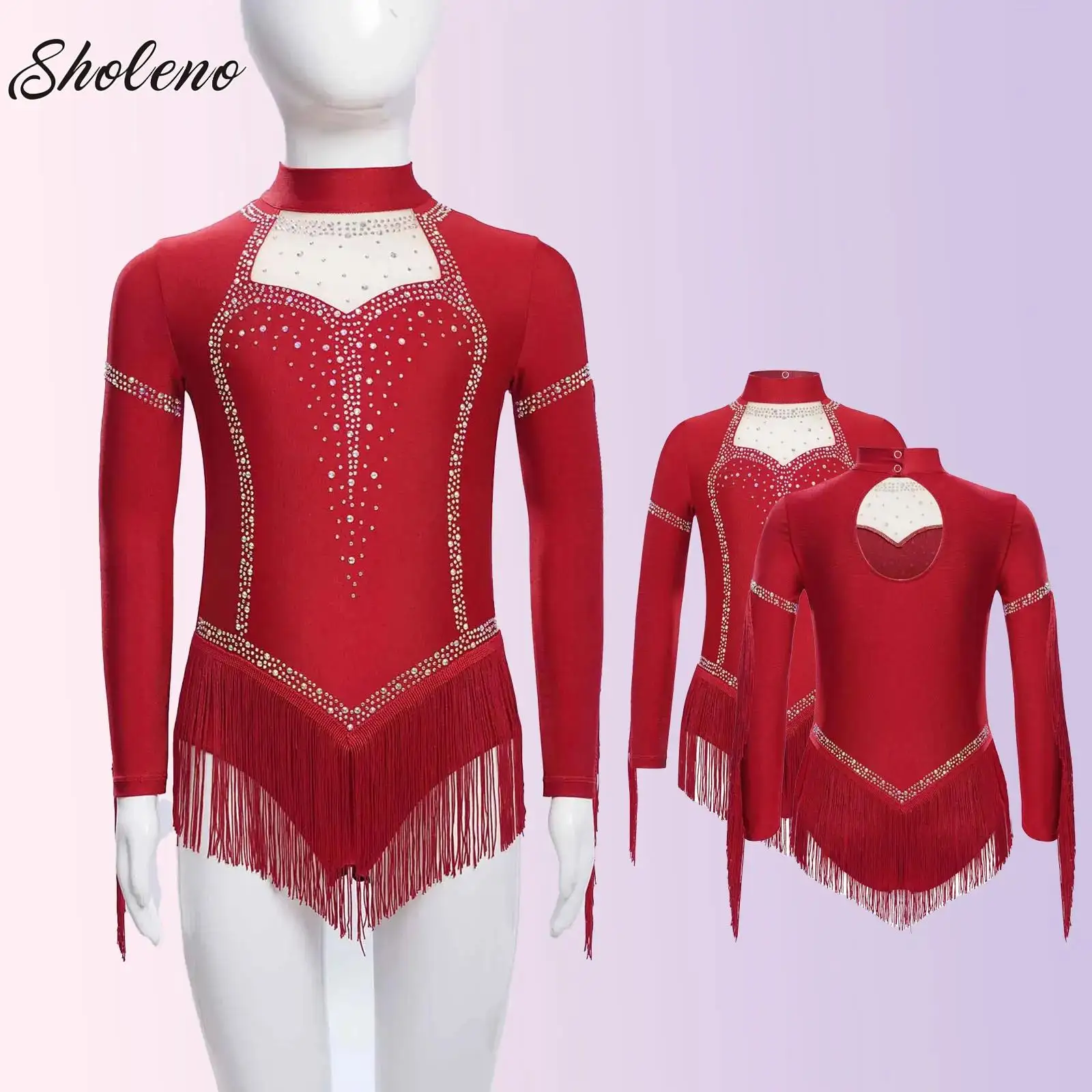 

Girls Fringed Dance Leotard Shiny Rhinestones Long Sleeve Tassel Bodysuit Figure Skating Tango Cha-Cha Samba Performance Clothes