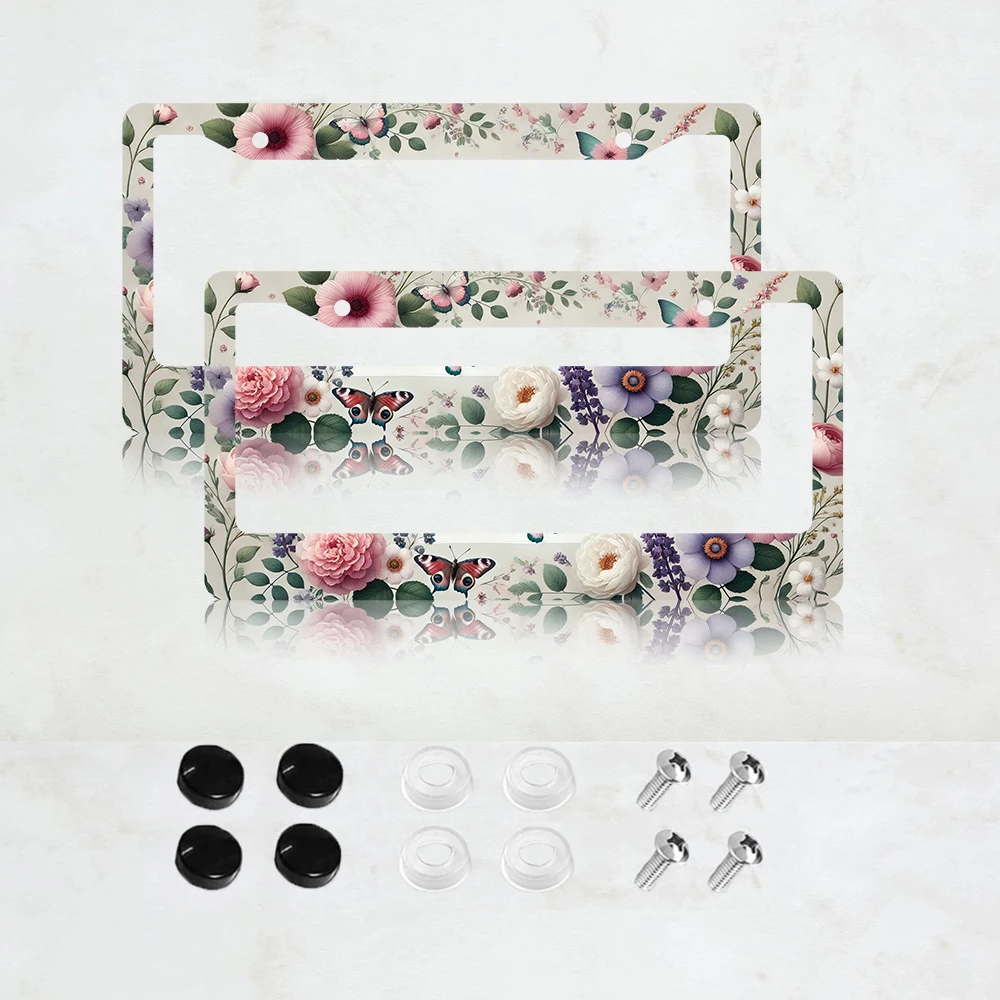 

2PC Retro Rose License Plate Frame Colorful Flowers Floral Aluminum License Plate Frame - 6 x 12 Inch US Standard Size