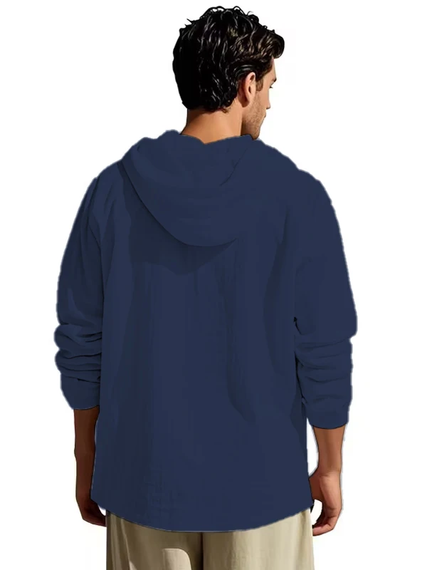 Herren Baumwoll-Leinen Kapuzen-Henley-Shirt Pullover Atmungsaktiv Bequem Neuer Stil Vielseitige Freizeitkleidung – Detail 6