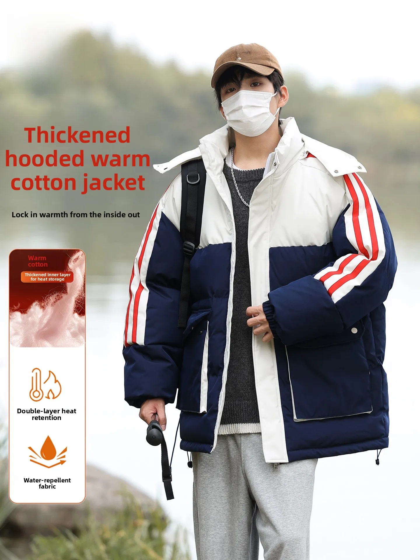 

TUCANO Новая американская зимняя куртка из хлопка с контрастными вставками, мужская, ветрозащитная, с капюшоном, теплая, для пар, хлопковое пальто