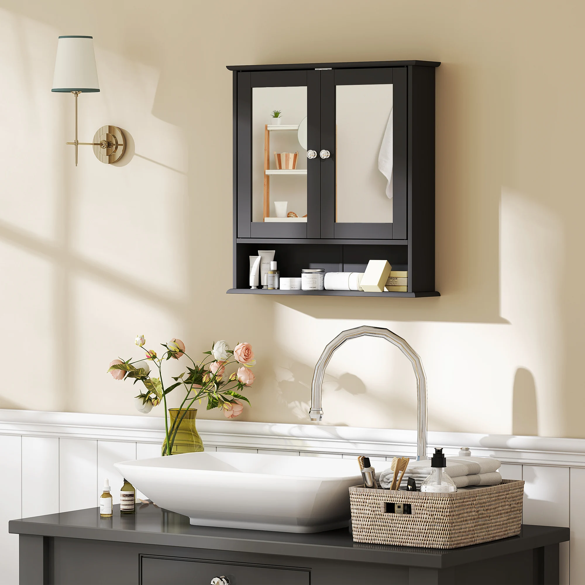 kleankin Armario de Baño con Espejo Armario de Pared con 2 Puertas Estante Abierto Estante Ajustable 56x13x58cm Negro