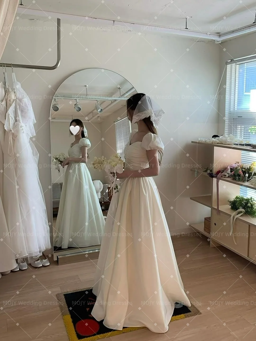 

Mojy Korea A-Line Floor Length Off the Shoulder Taffeta Puff Sleeves Corset Wedding Dresses 웨딩드레스 Ivory Customized Pretty