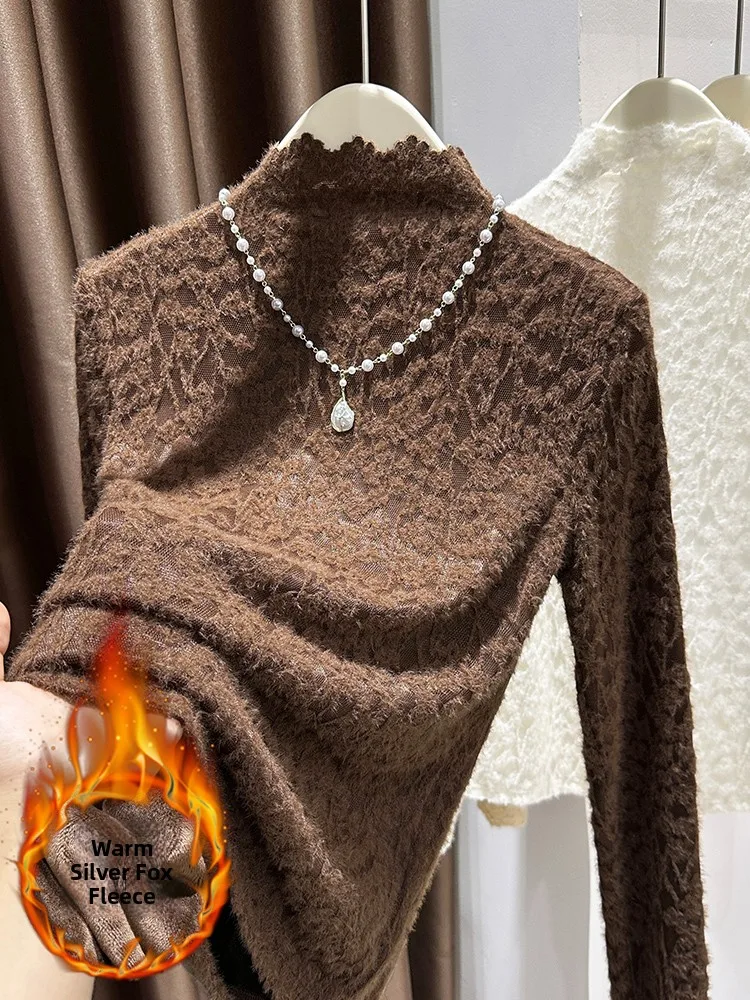 

Warm Fce Lined f High Collar Lace Trim Base irt Women's Autumn Winter Layering Slim Fit Top Ele Sle Long Sve