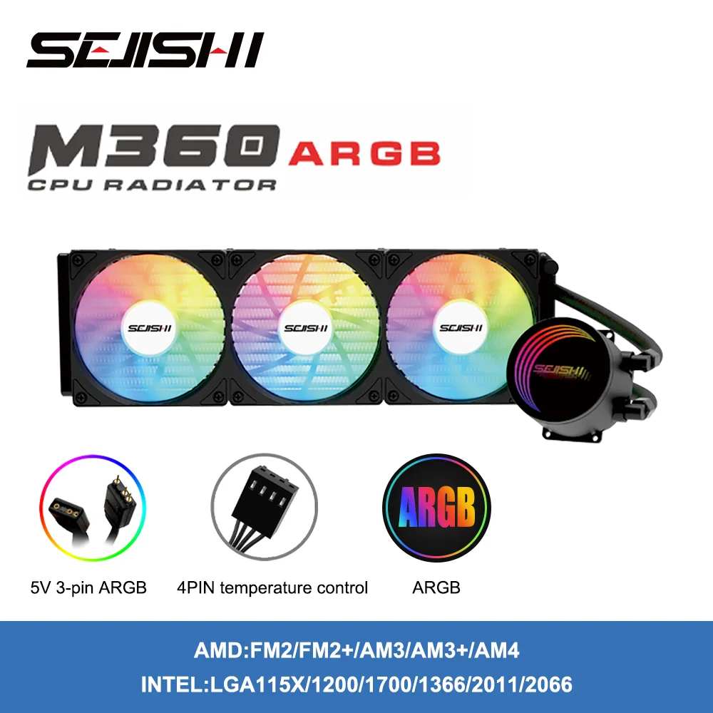 소켓 AMD AM3/AM4 인텔 LGA 2066/2011/1700/1366/1200/115 SEJISHI CPU용 360mm ARGB 워터 쿨러 팬