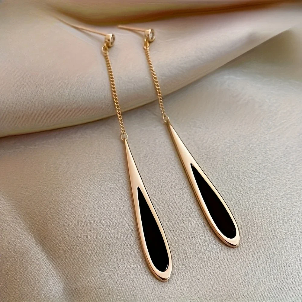 

1Pair Stainless Steel Golden Water Drop Tassel Earrings, Anti-Fade Comfortable Minimalist Elegant Dangle Earrings, High Quality