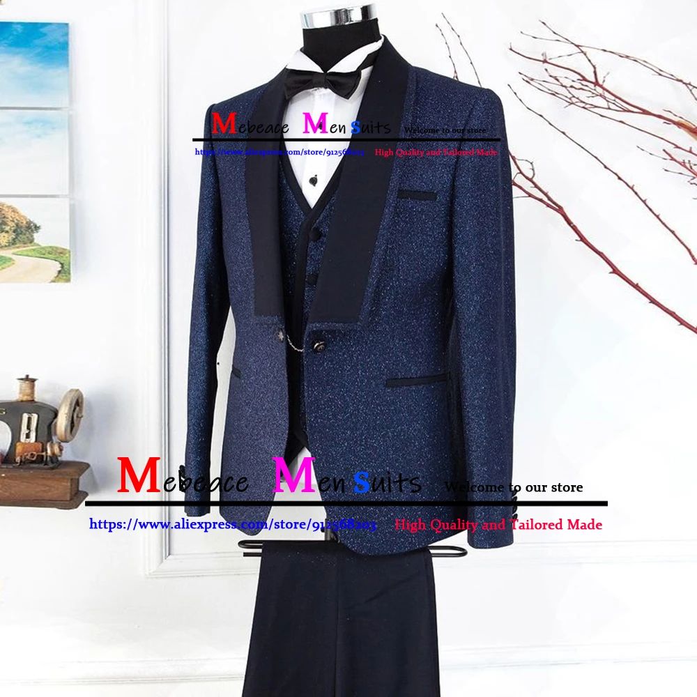 Slim Fit Men Suit Set Glitter Jacket+Vest+Pants 3 Piece Groom Suit Tuxedo Navy Shiny Wedding Suits for Men Costume Homme Mariage