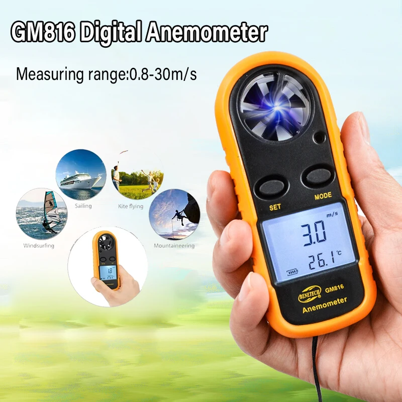 Mini GM816 Digital Anemometer Wind Speed Mini Air Velocity Airflow Temperature with LCD Backlight Wind Speed Meter