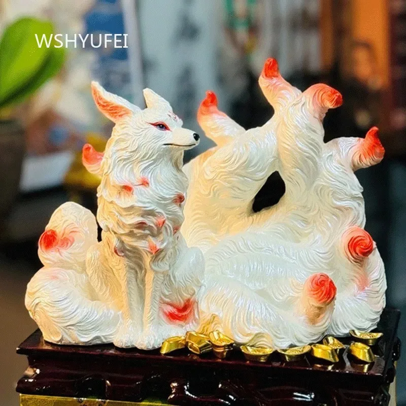 Nine Tailed Fox Ornament White Fox True Body Statue High End Decorations in Buddhist Temples Chinese Living Room Decoration