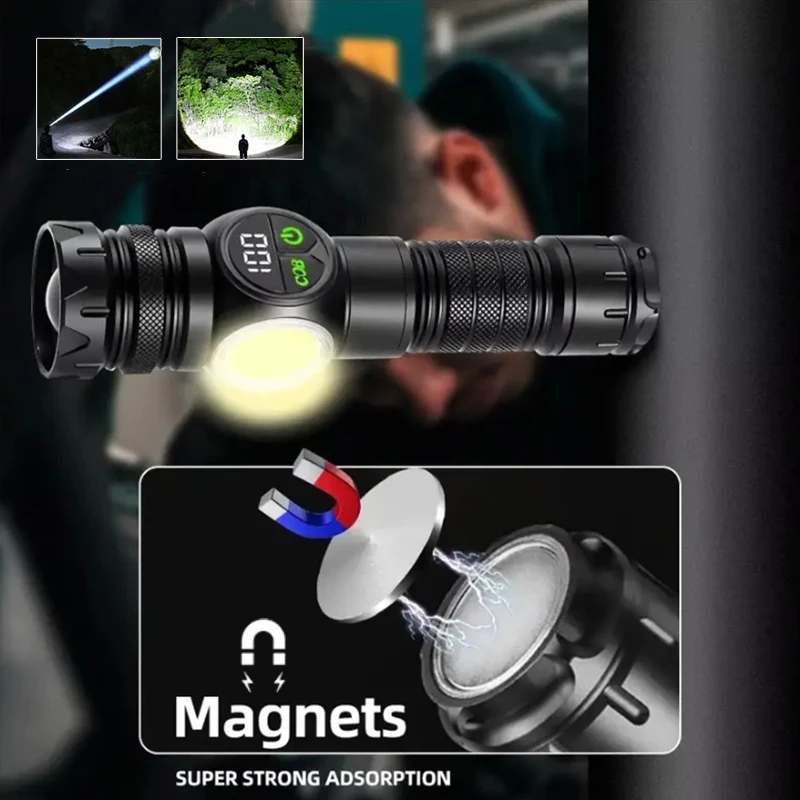 

Rechargeable LED Flashlight Powerful Battery Flash Light with Tail Magnet Zoom Torch Light Long Range Lamp for Camping