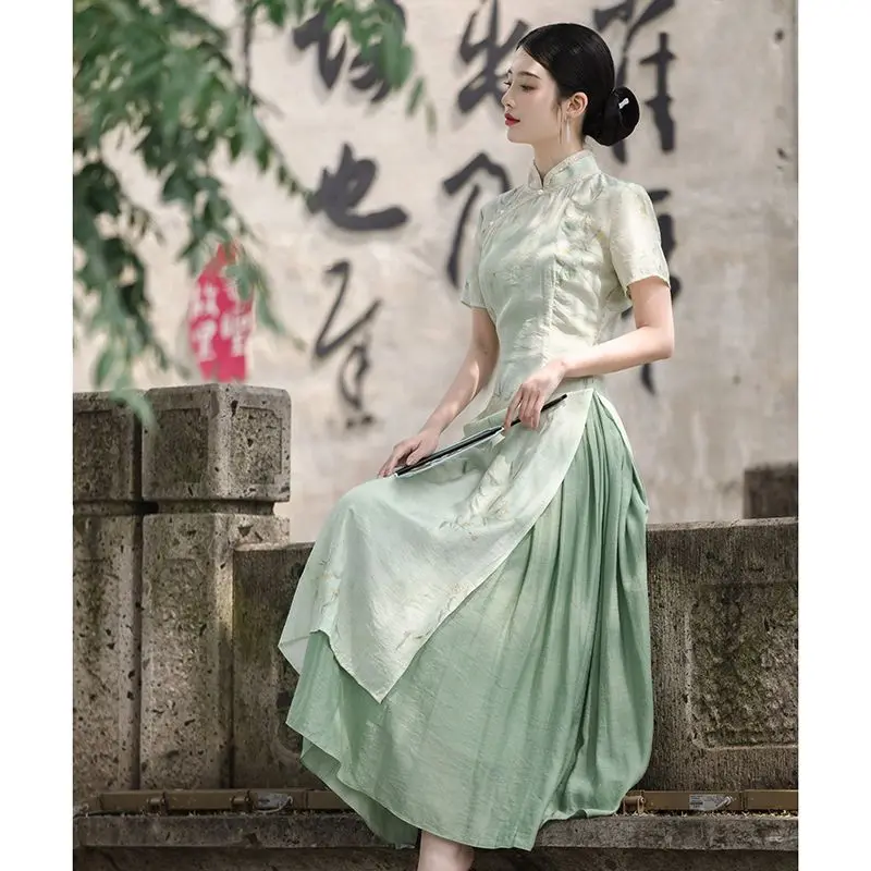 Retro Chinese Style Short Sleeve Qipao Two-piece Set Women New Chinese Style Green Improved Cheongsam Summer Long Dresses