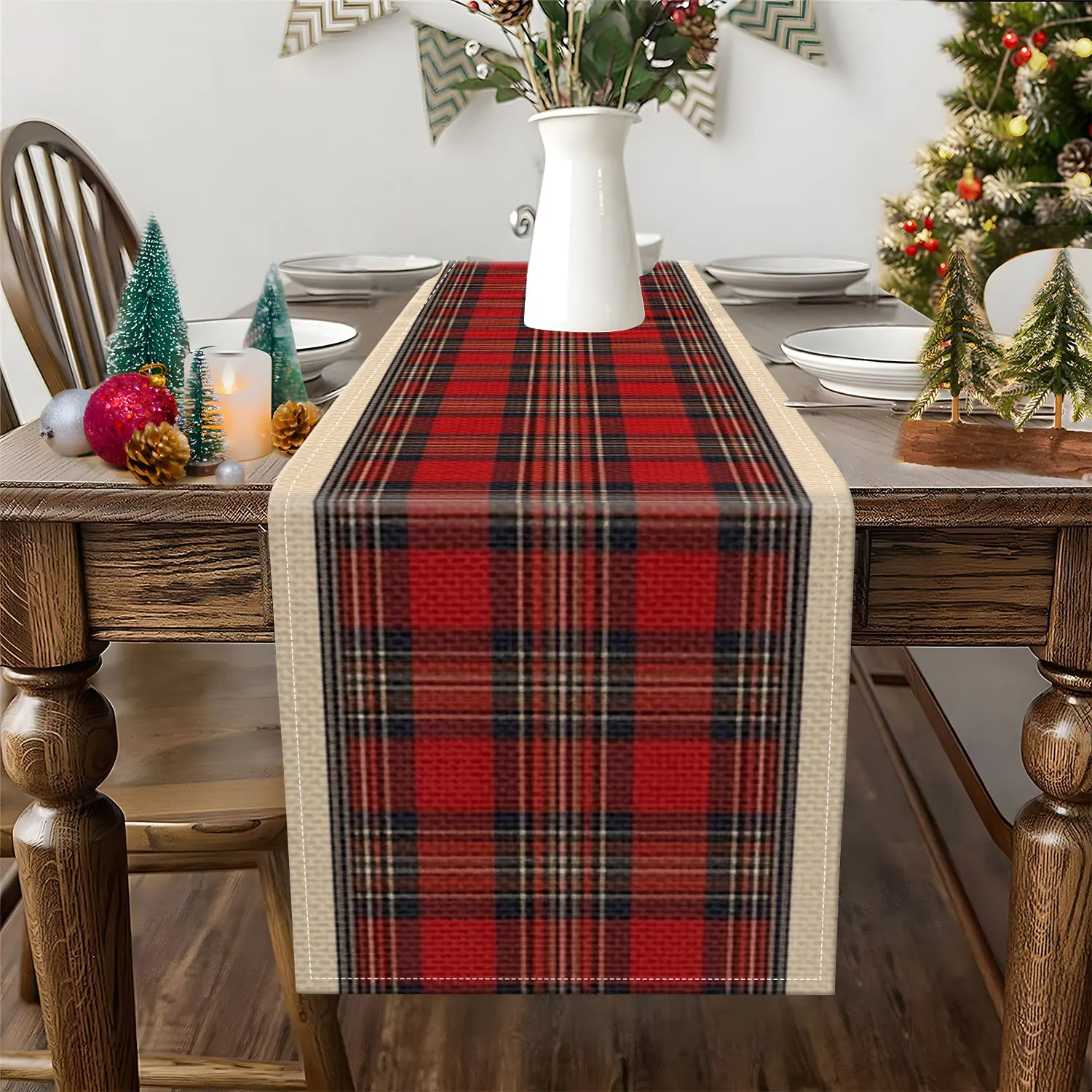 1 Piece of Vintage Plaid Table Runner, Decorated with Red and Black Plaid Patterns, Suitable for British-Style Home Decor and Holiday Table Decoration