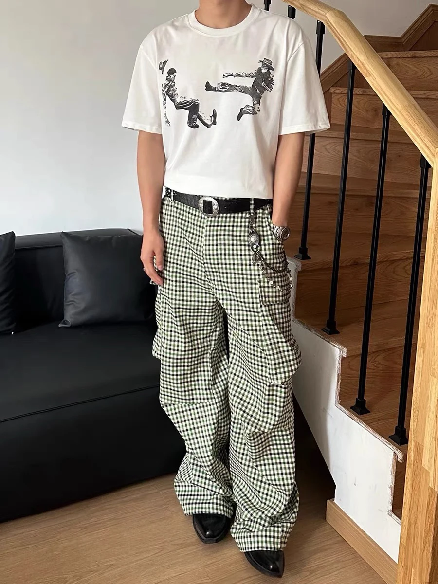American Retro ein karierte Hose mit großen Ketten, lässige gestreifte Hose mit weitem Bein, Herren-Arbeitskleidung, Design Sensation, lange Hose