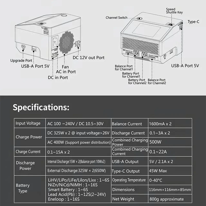 HOTA S6 Dual Channel Smart Ultra Small Size Charger S6 AC400W DC650W 15A Type-C Output 45W for FPV Racing Drone RC Quadcopter