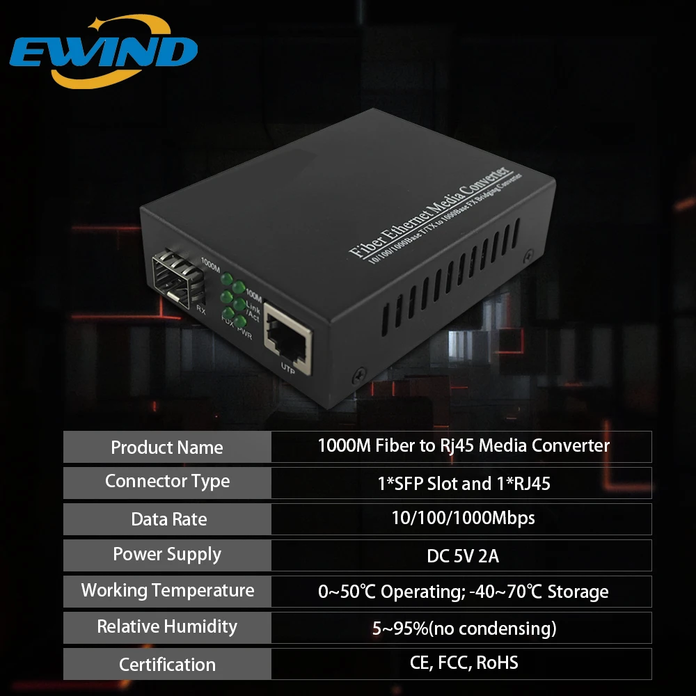 EWIND Gigabit SFP Fiber to Rj45 Media Converter 1000Mbps SFP Fiber Optic Switch with SFP Module Compatible CISCO/Mikrotik/HUAWEI