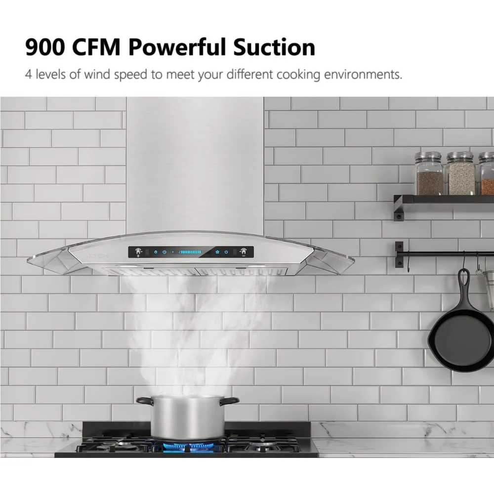 30-inch Wall Mount Range Hood Tempered Glass 900 CFM, Kitchen Chimney Vent Stainless Steel with Gesture Sensing