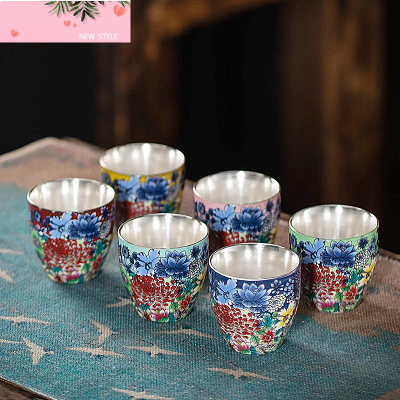 

6Pcs silver cup enamel color sterling silver teacup ceramic kung fu master cup Chinese high-end light luxury gift tea set