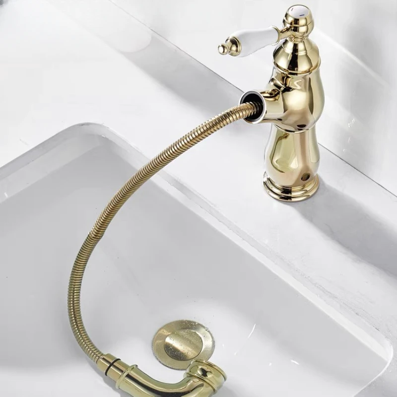 Retro pull-out faucet, brass basin for hand washing