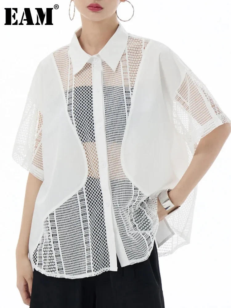 

[EAM] Women White Mesh Perspective Big Size Thin Blouse New Lapel Half Sleeve Shirt Fashion Tide Spring Summer 2024 1DH6290