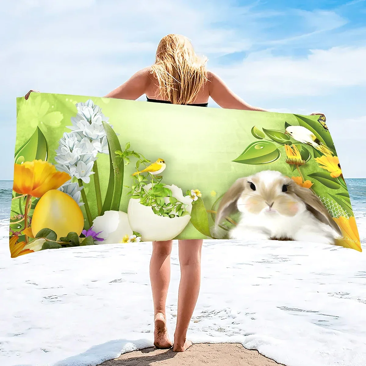 Microfiber Beach Towel,Easter Egg with Bunnies,Quick Dry Beach Towel,Soft Highly Absorbent Large Sandproof Sandless Pool Towels