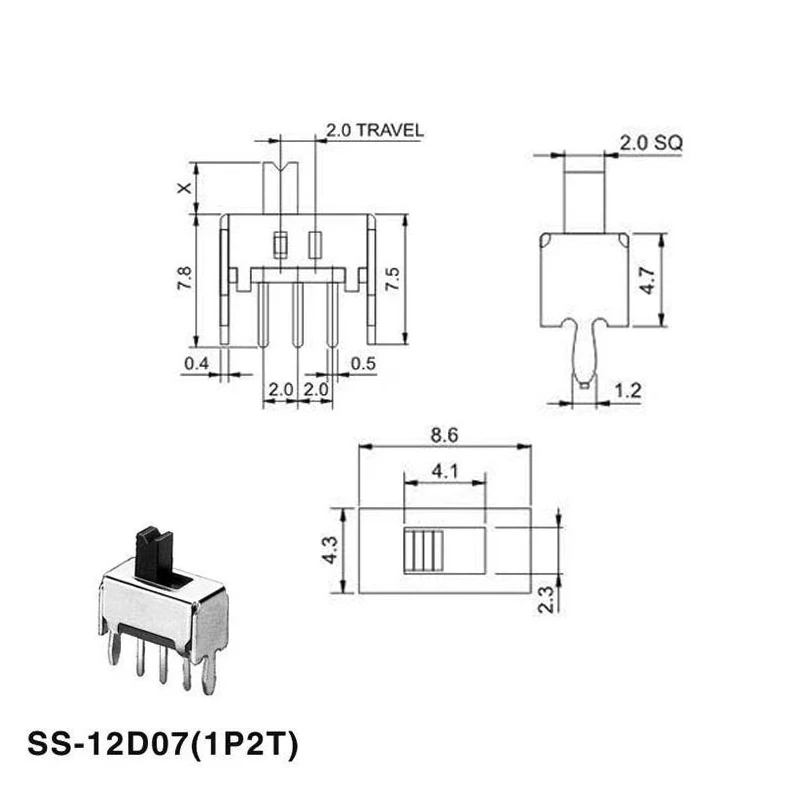 10PCS SS12D07 mini Slide Switch 3pin 2 Position 1P2T SPDT High quality toggle switch Handle:3MM/4MM/5MM/6MM