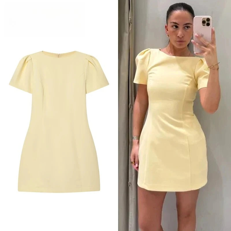 

ZHIO 2026 Pleated Short Dresses for Women Yellow Holiday Women's Dresses Elegant Party Dresses Woman Short Sleeve Formal Dress