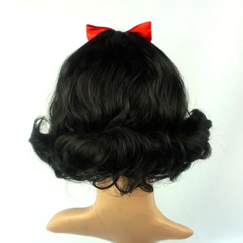 Volwassen Vrouwen Korte Bob Wave Black Cosplay Pruik Met Strik Sneeuwwit Rollenspel Halloween Kostuum Pruik Anime Party Pruik