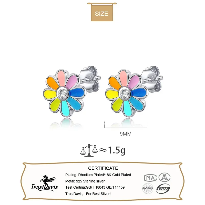 TrustDavis Real 925 Sterling Silver Fashion Sweet Glaze Flower Charm Stud Earrings For Women Wedding Party Fine Jewelry DK004