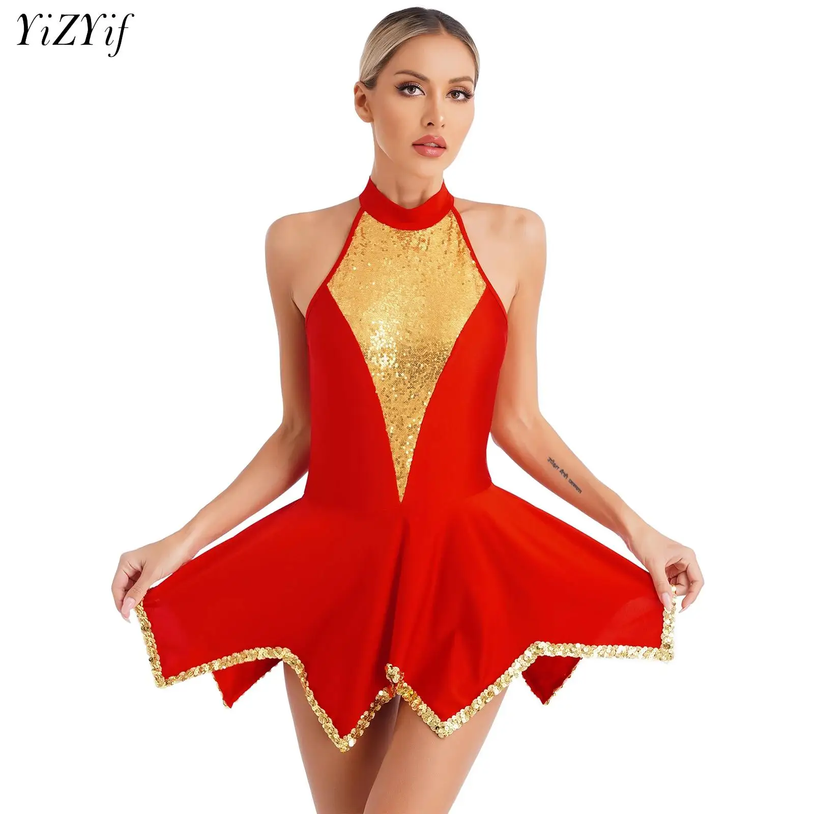 

Womens Sequin Ballet Tutu Dress Gymnastics Leotards Sleeveless Irregular Hem Figure Ice Skating Dress Performance Dance Costume