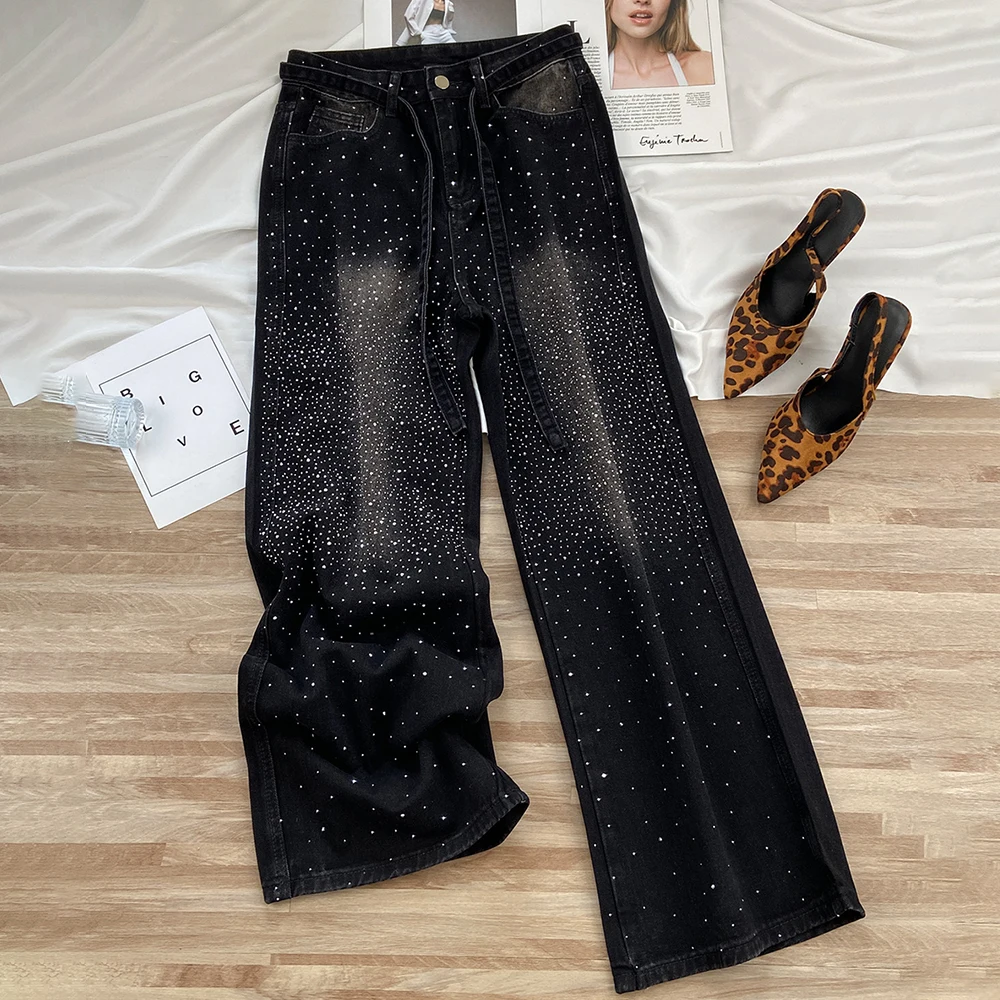 

Женские джинсы оверсайз с горячим тиснением, черные, с высокой талией, блестящие, с заклепками, прямые, свободные, с ремнем