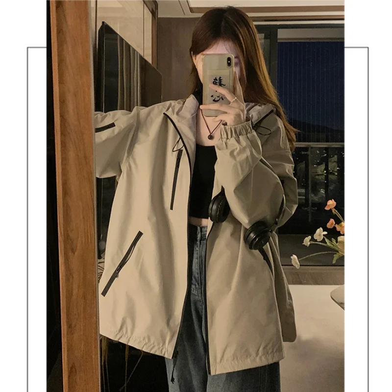 

Women's Clothing Khaki Jacket Letter Outerwear Contrasting Colors Cardigan Korean Fashion Street Y2K Style Hooded Winter Coat