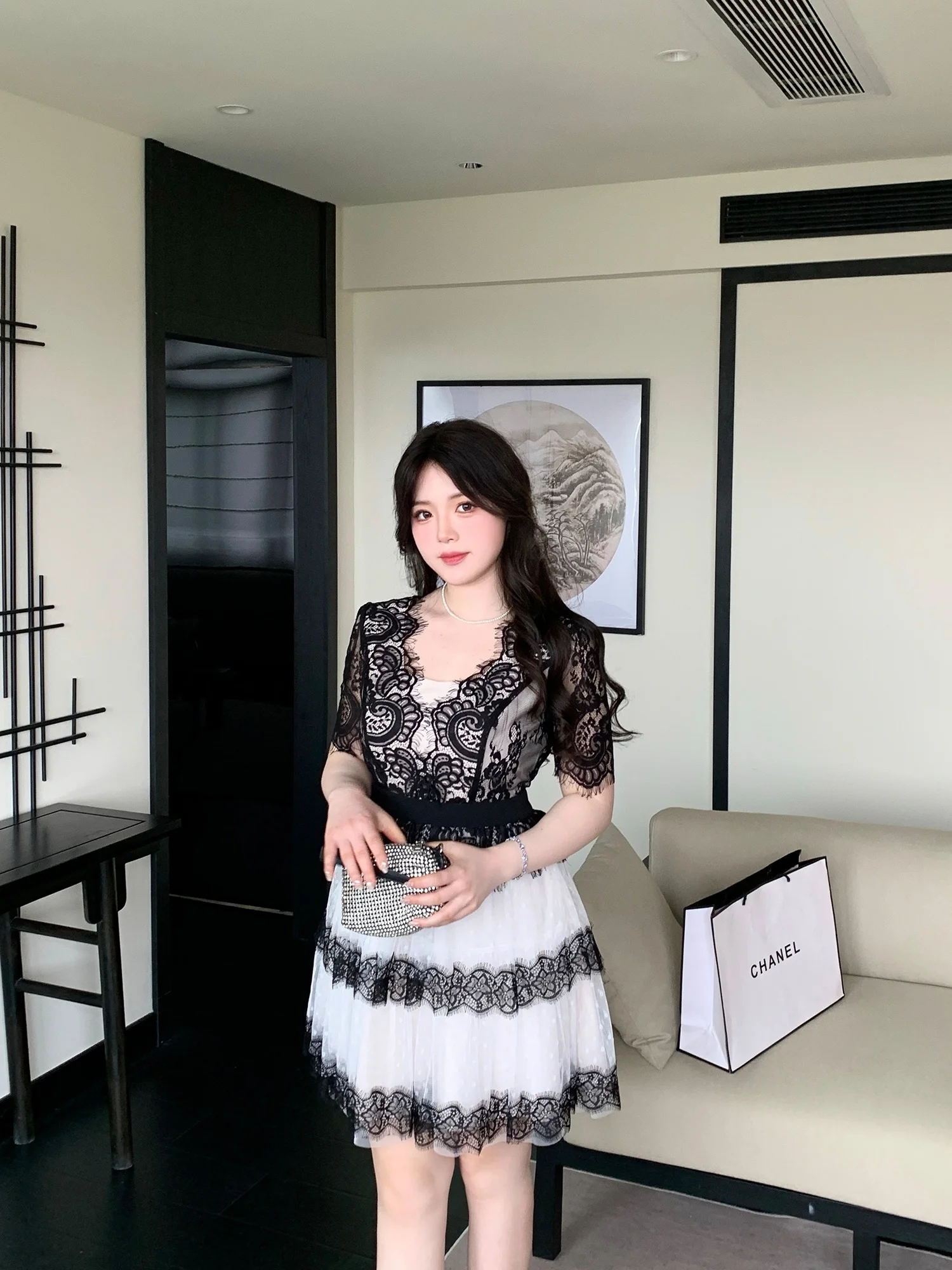 

MB plus Size Women's Vintage Lace Splicing Hollow out V-Neck Dress Cloud Soft Walk Luxury Mesh Gown A-Line Skirt Summer Dress