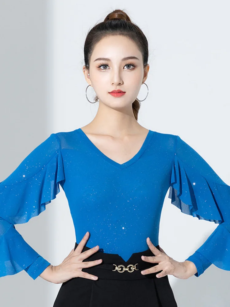 여성 라틴 댄스 탑 메쉬 프릴 긴 소매 장착 블라우스 살사 바차타 공연 의상 무대 경쟁 착용