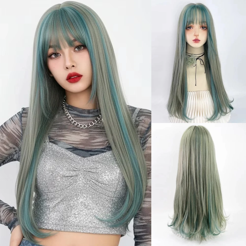 

GAKA Длинные свободные волнистые зеленые смешанные парики с челкой Синтетический женский парик Лолиты для косплея для повседневной вечеринки