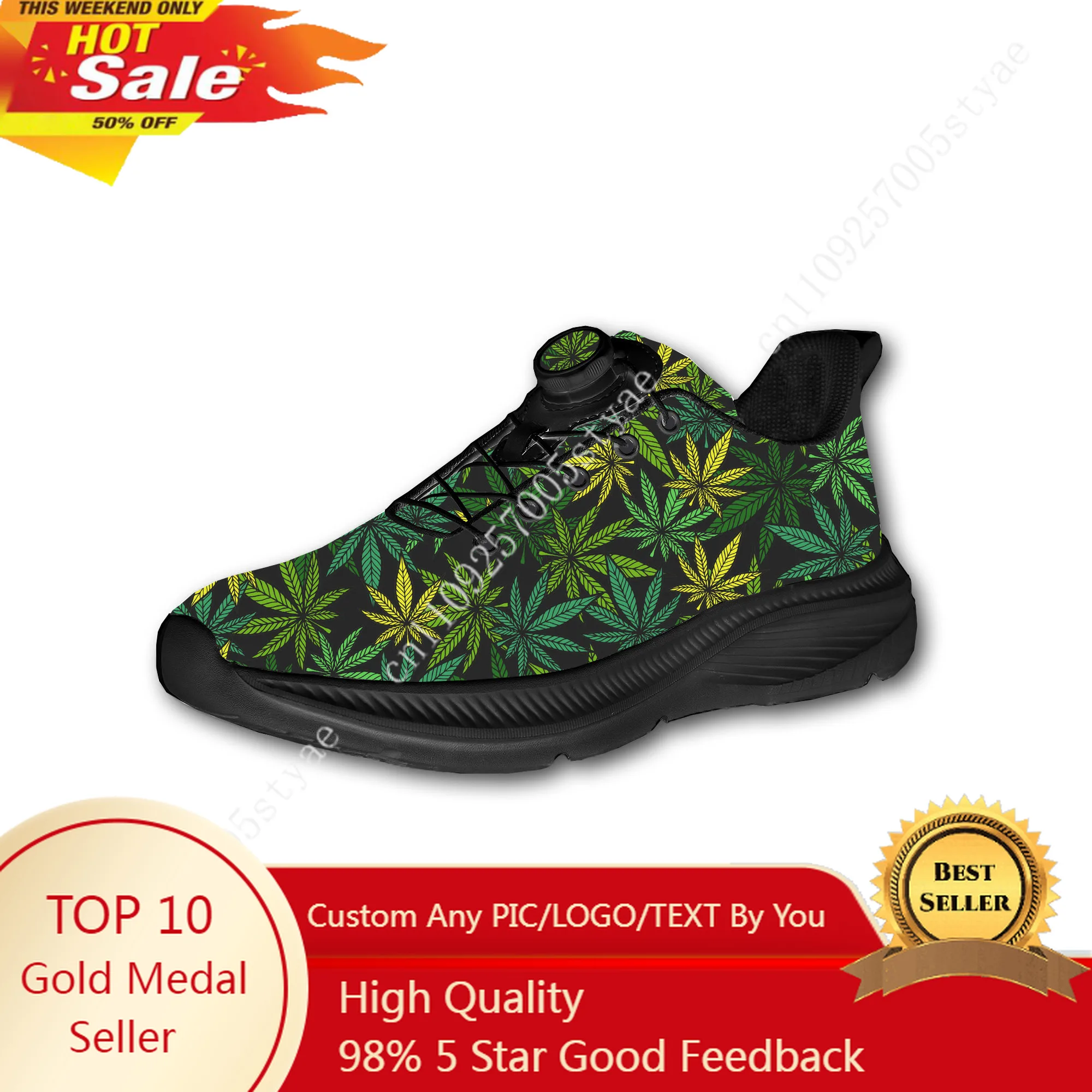 

Leaf Weed Rasta MarijuanaYellow Green Mens Womens Running Off-road Shoes Laceless Rotating Button Sports Shoe Custom Sneaker