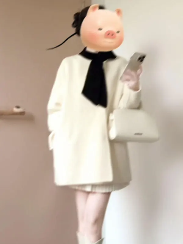 

Trendy Korean Sle Loose Woolen Coat Medium Length Soft Sle Winter Outerwear Ele Pure Color Commute Faion Women's Ja...