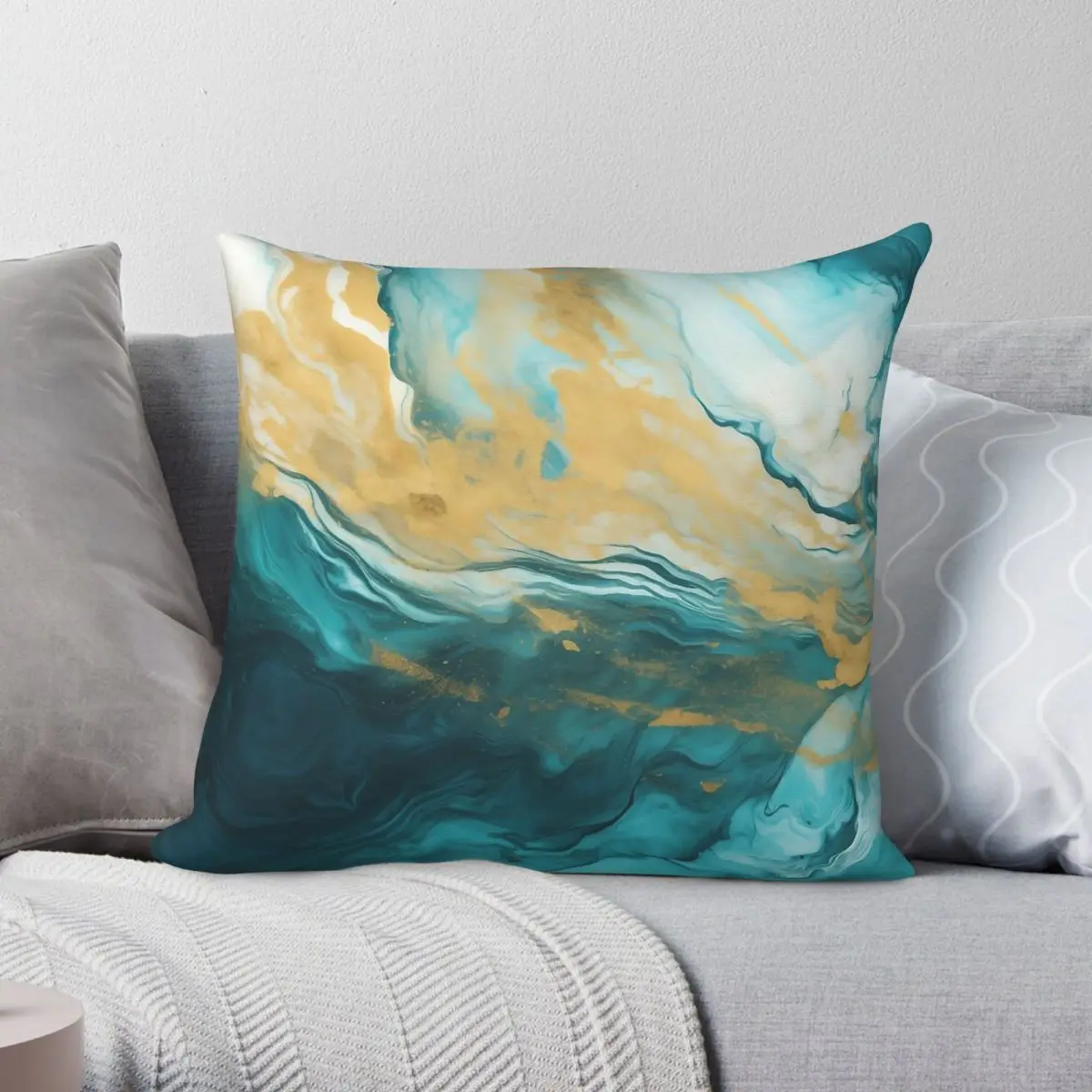 Teal And Gold Marble Square Pillowcase Polyester Linen Velvet Printed Zip Decor Pillow Case Home Cushion Cover