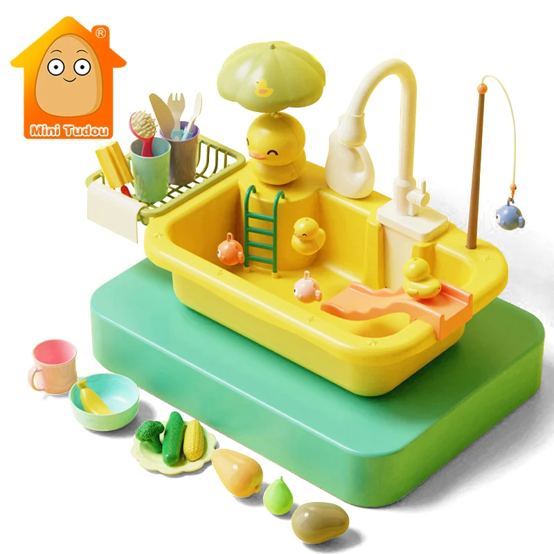 

Kids Pretend Play Kitchen Simulational Sink Electric Dishwasher Cartoon Duck Frog Role Playing House Game Toys For Children Gift