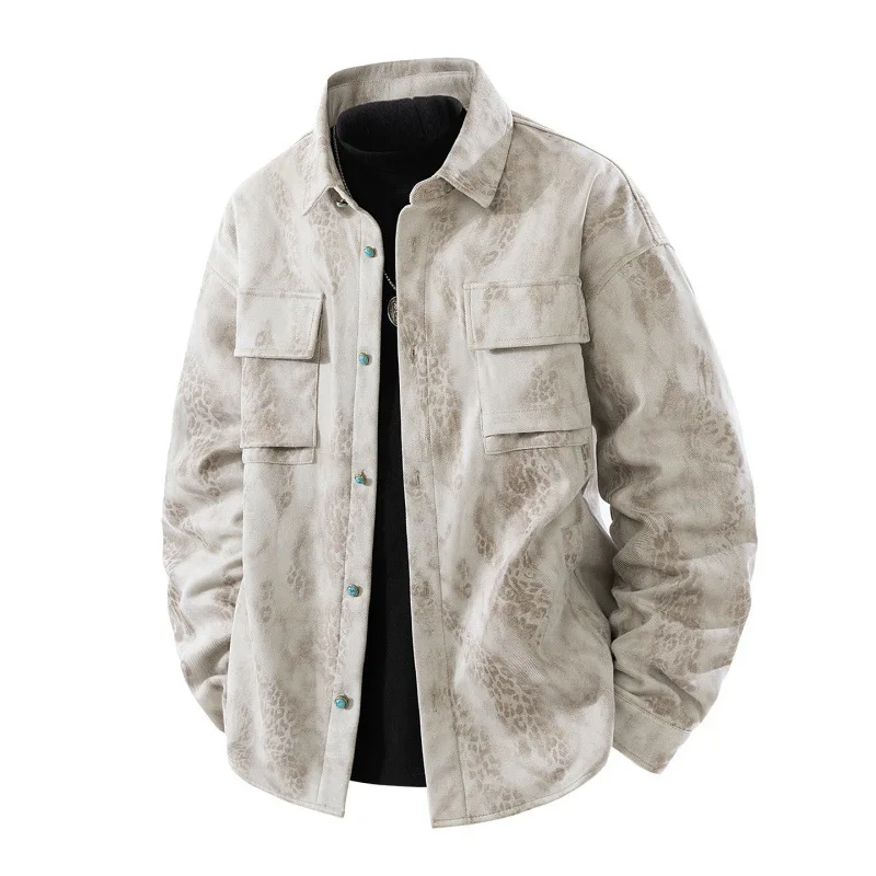 

Autumn Man Cargo Coat Vintage Printed Turn Down Collar Pocket Male Outerwear Single-breasted Long Sleeve Casual Men Jacket
