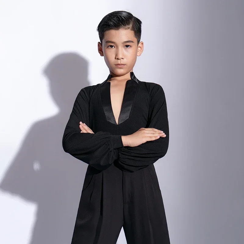 2022 New Kids Boy Latin Dance Costumes Children Long Sleeve V-Neck Ballroom Dance Training Clothes Cha Cha Rumba Dancewear G5105