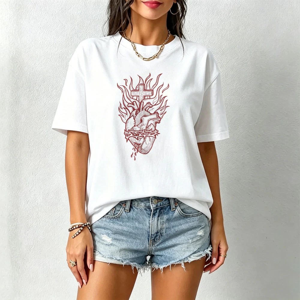 Sacred Heart Thorn Cross Flame Graphic T Shirt Men Vintage Catholic Religious Print Tee Faith Prayer Street Tops Casual RetroTee