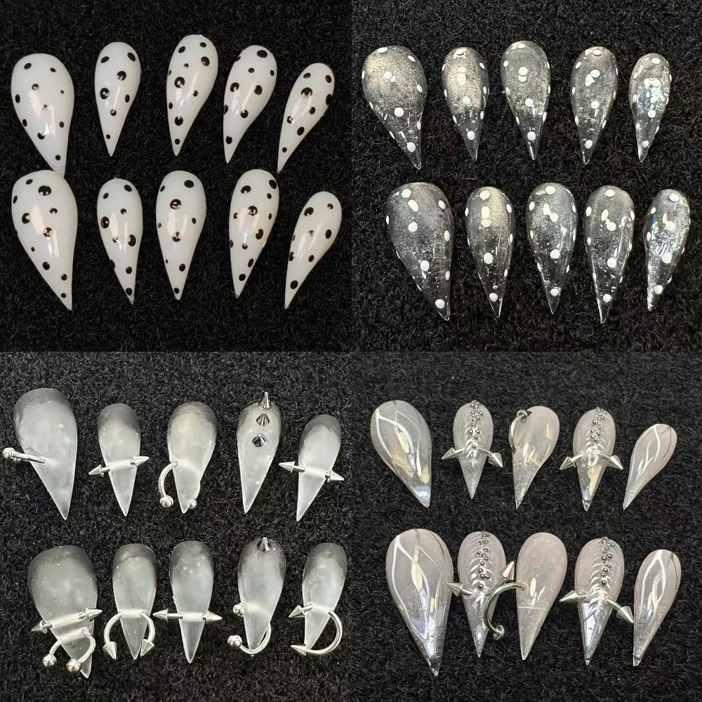 

Y2K Spicy Girl Long Beast Claw Handmade Wearable Press On Nail Polka Point Metal Rivets Cat Eye Sequins Gradient Full Cover Nail