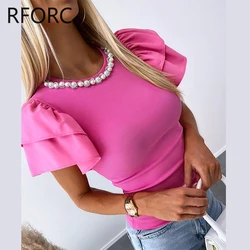 2024 Women Short Ruffle Sleeves Beading Decoration Collar Casual Basic Knitting Blouse Top