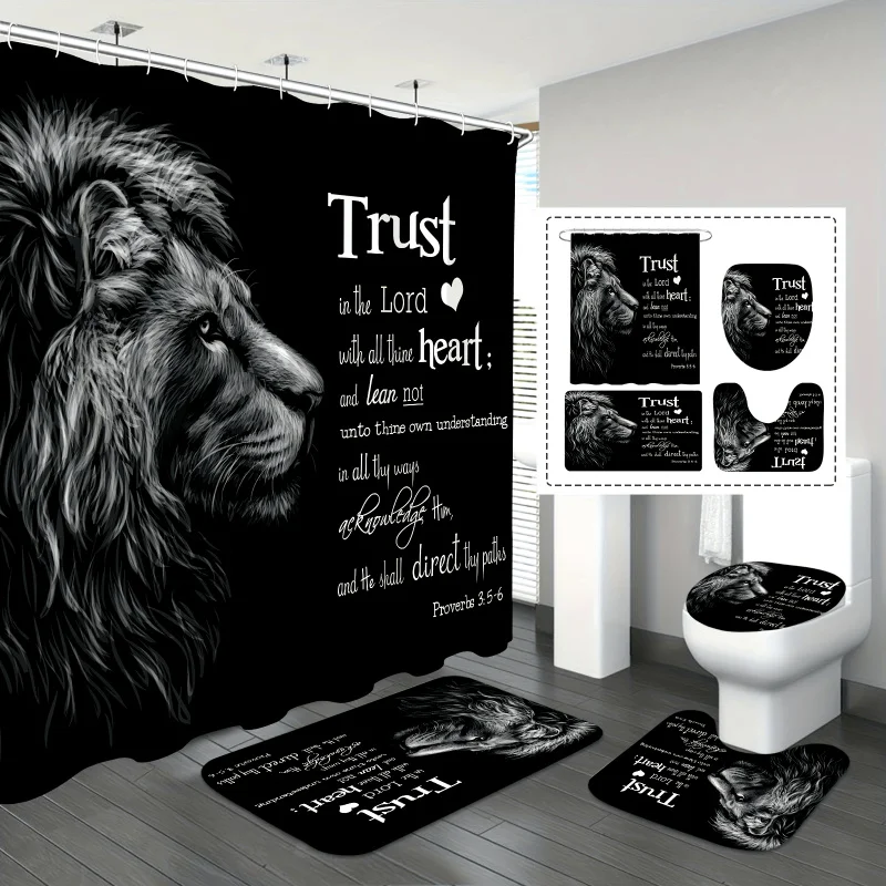 4pcs Luxurious Lion-Inspired Bathroom Essentials Set - Bath Bathroom Accessories - Waterproof Shower Curtain, Non-Slip Rug, To